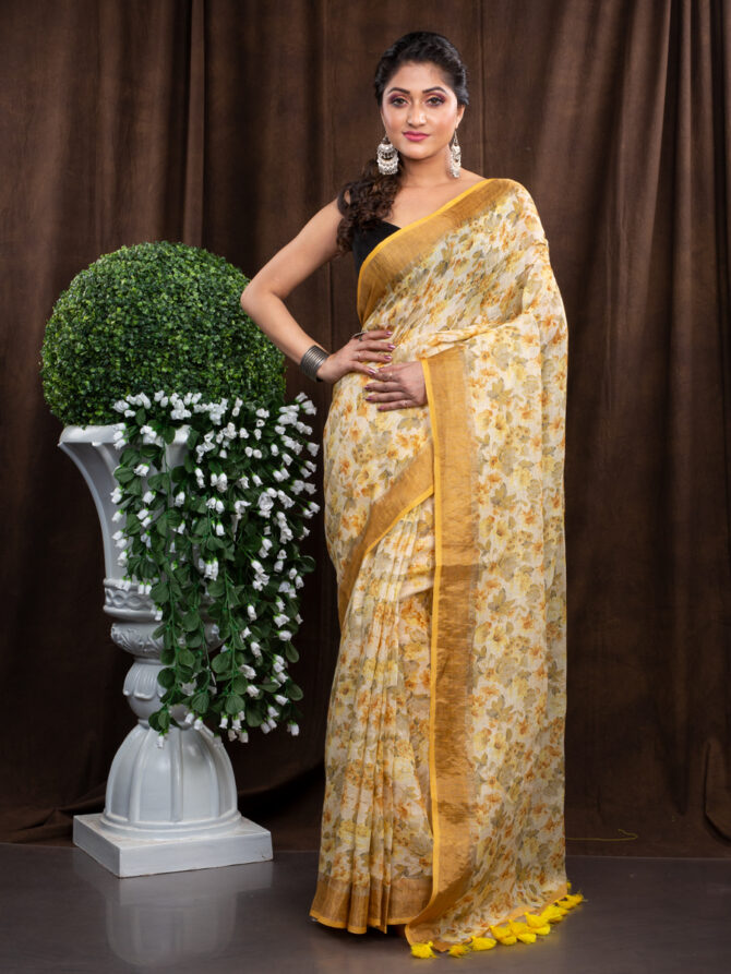 Yellowish Flowery Floral Finest Designing Saree