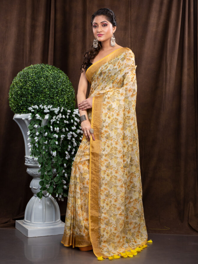 Yellowish Flowery Floral Finest Designing Saree