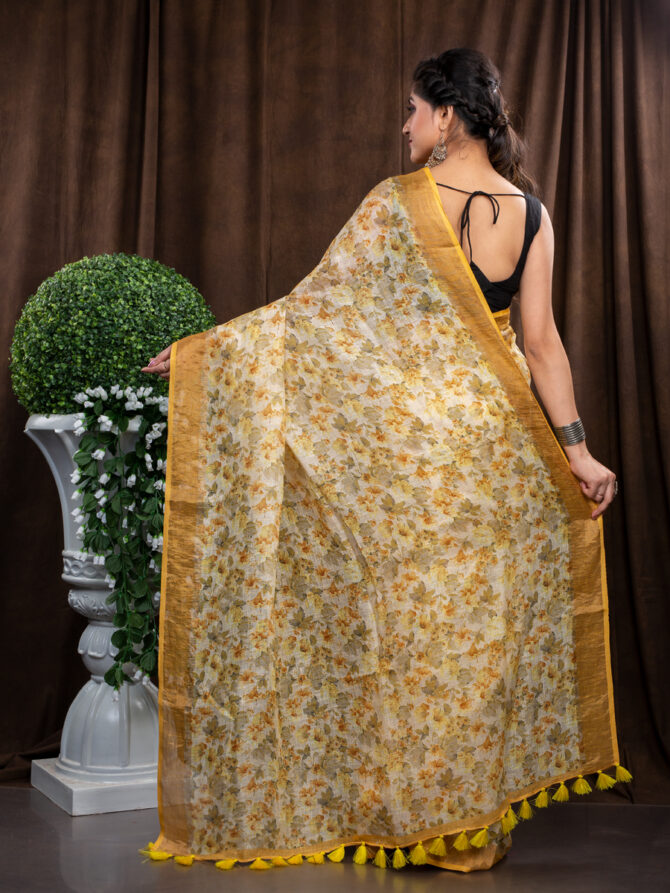 Yellowish Flowery Floral Finest Designing Saree