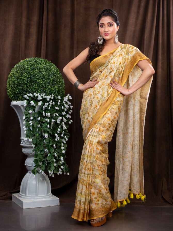 Yellowish Flowery Floral Finest Designing Saree