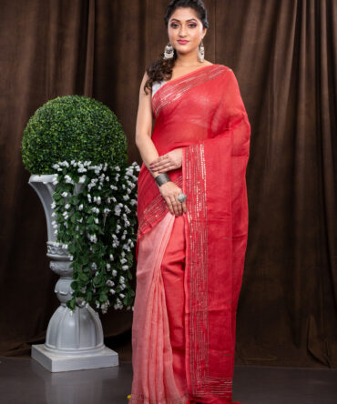 Red Red And More Red Simple Handed Embroidered Linen Saree