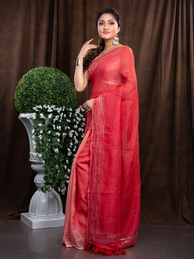 Red Red And More Red Simple Handed Embroidered Linen Saree