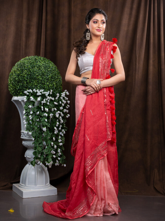 Red Red And More Red Simple Handed Embroidered Linen Saree