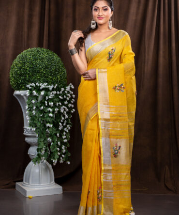 Yellow And More Yellowish Neesh In Embroidered Linen Saree