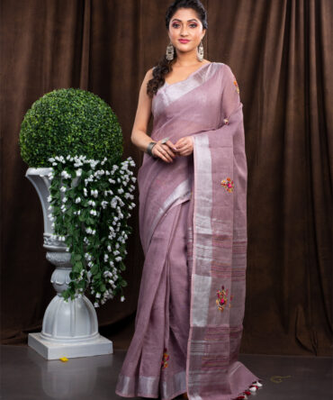 Silver Highligted Down Pink Embroidered Linen Saree
