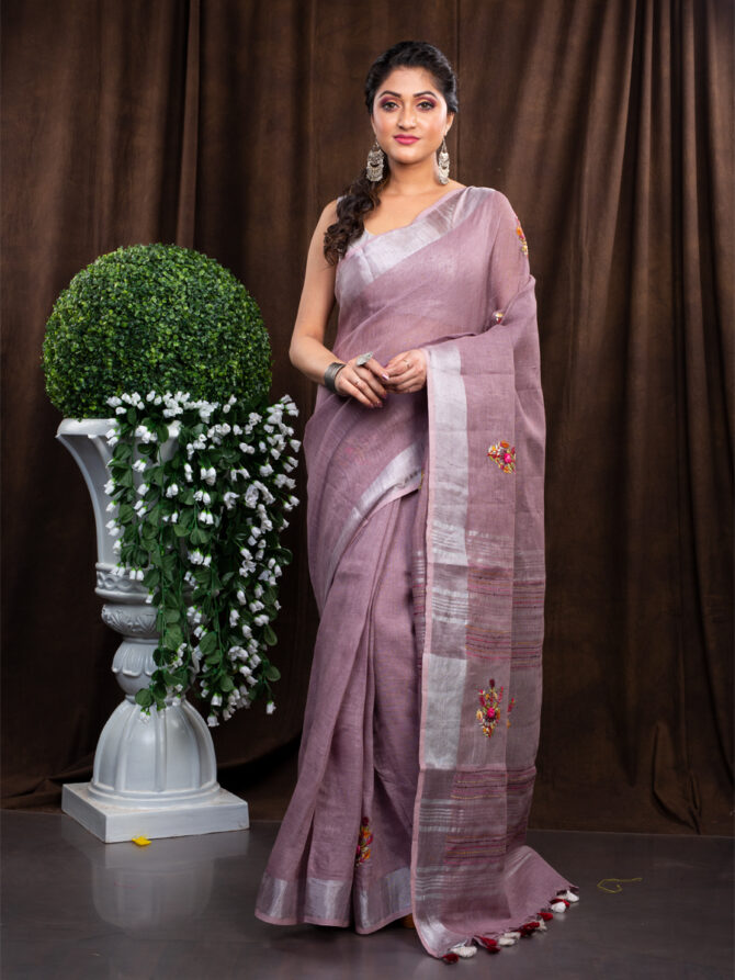 Silver Highligted Down Pink Embroidered Linen Saree