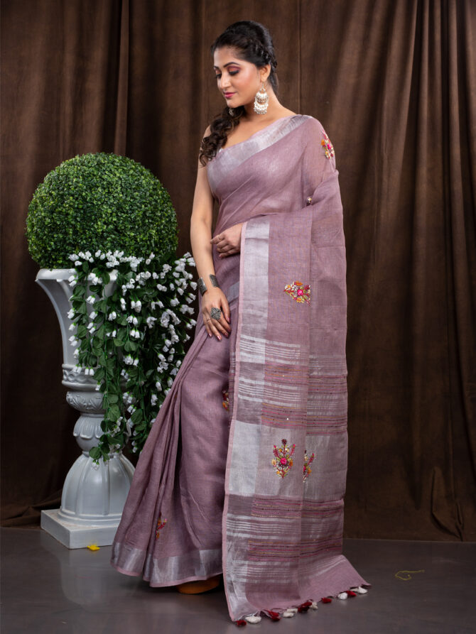Silver Highligted Down Pink Embroidered Linen Saree