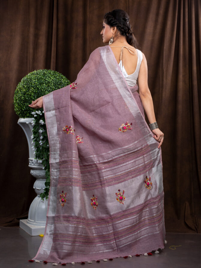 Silver Highligted Down Pink Embroidered Linen Saree