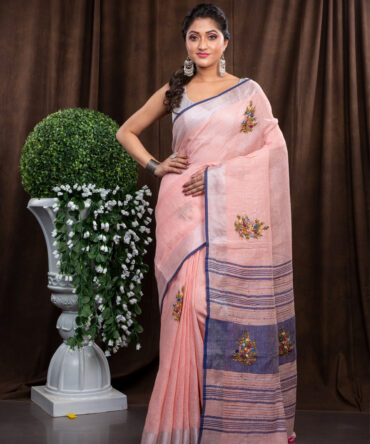 pink in purple Embroidered Linen Saree