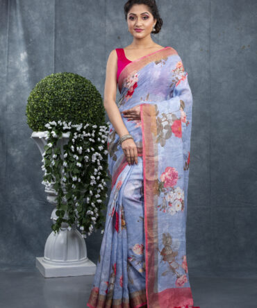 Sky Blue With Pink Flowers A Finest Floral Saree