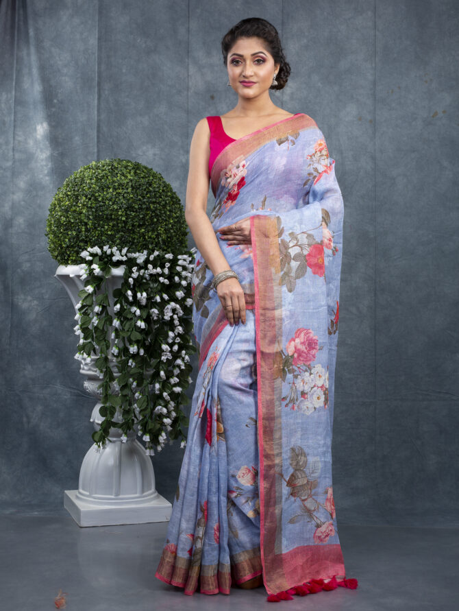 Sky Blue With Pink Flowers A Finest Floral Saree