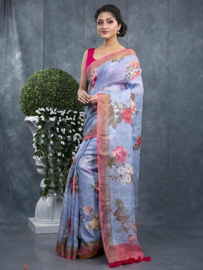 Sky Blue With Pink Flowers A Finest Floral Saree