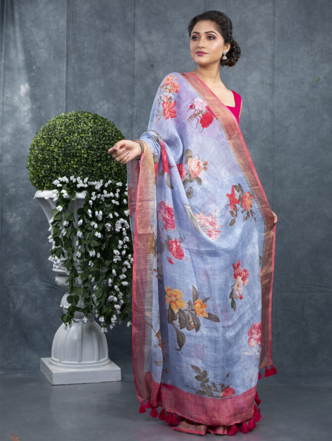 Sky Blue With Pink Flowers A Finest Floral Saree