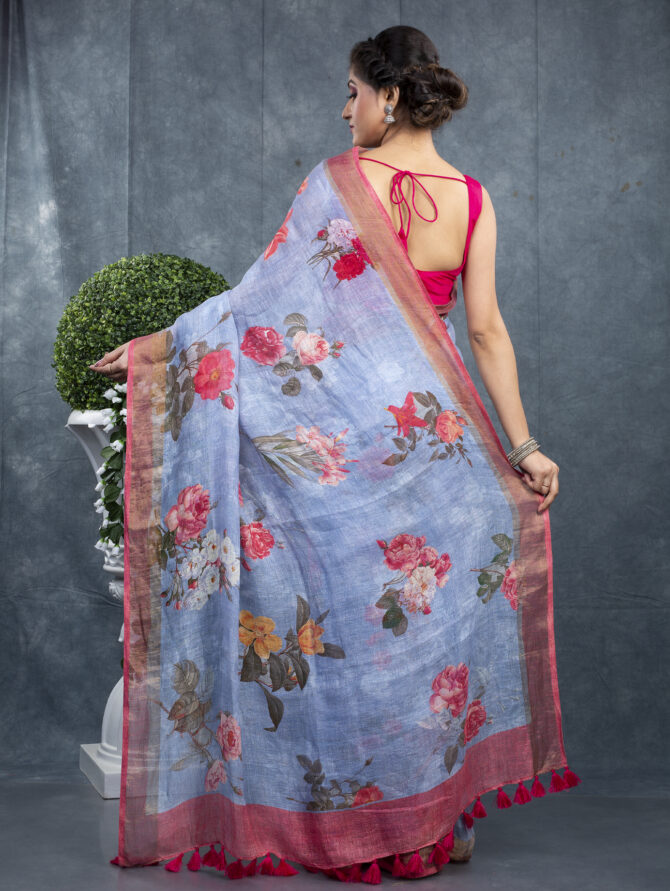 Sky Blue With Pink Flowers A Finest Floral Saree