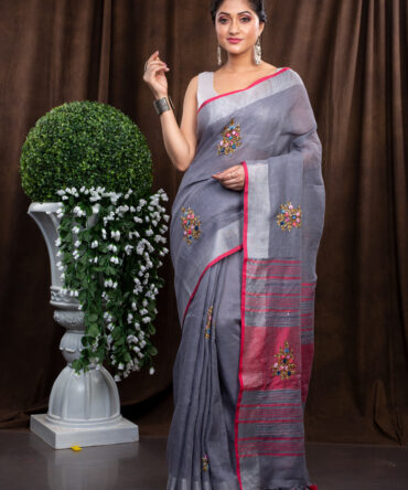 Red Highligted Silver Embroidered Linen Saree