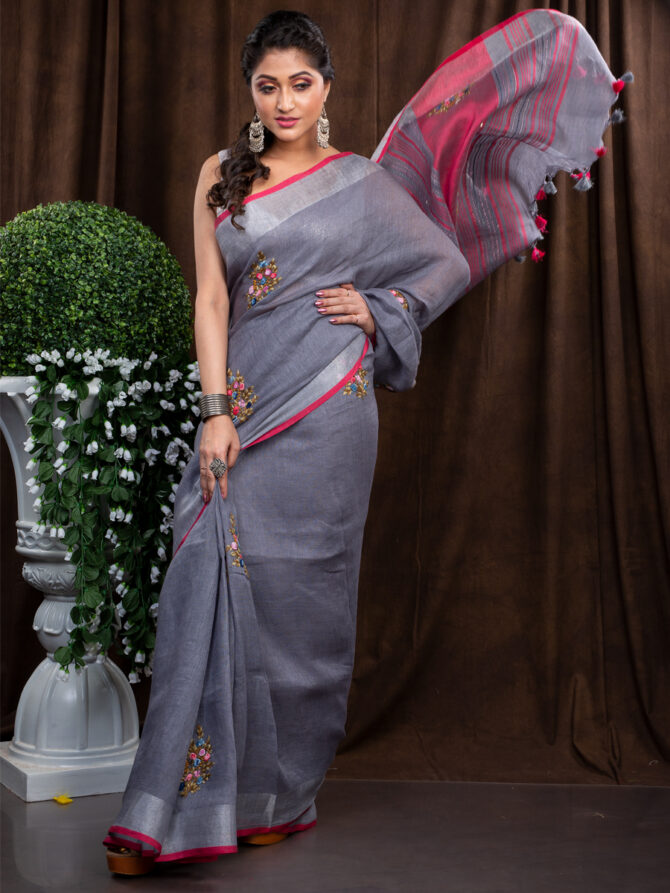 Red Highligted Silver Embroidered Linen Saree