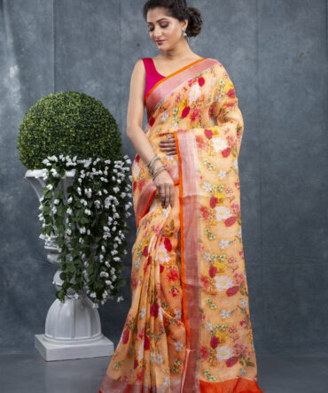 Orange With High Density Flowers A Kalamkari Printed Saree