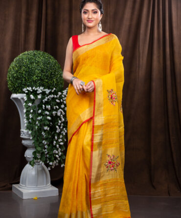 Mango Yellow With Red Shades Embroidered Linen Saree