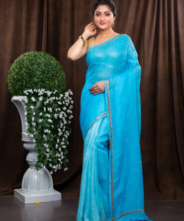 Pretty Simple Sky Blue Embroidered Linen Saree
