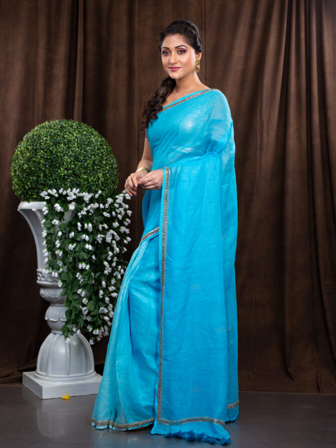 Pretty Simple Sky Blue Embroidered Linen Saree