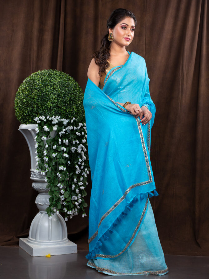 Pretty Simple Sky Blue Embroidered Linen Saree