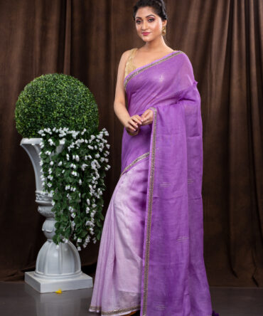Pretty Purple Silver Bordered Embroidered Linen Saree