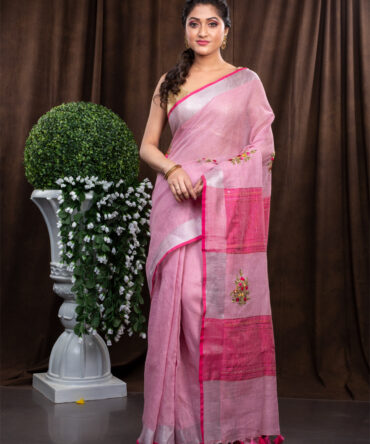Light-Dark Pinky Simple Bordered Embroidered Linen Saree