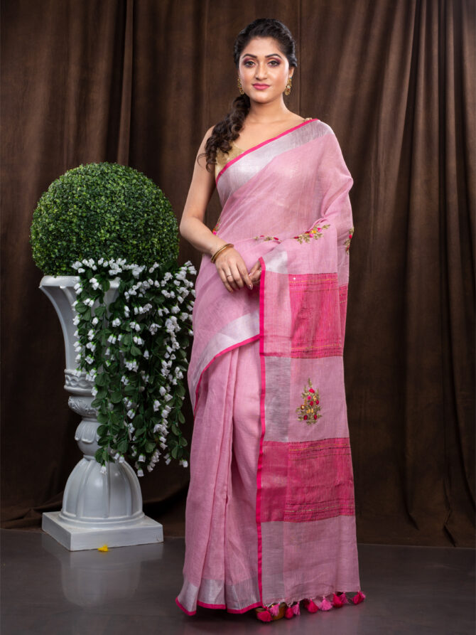 Light-Dark Pinky Simple Bordered Embroidered Linen Saree