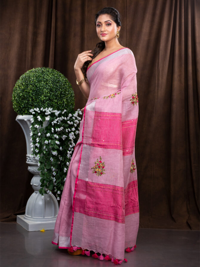 Light-Dark Pinky Simple Bordered Embroidered Linen Saree