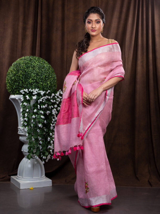 Light-Dark Pinky Simple Bordered Embroidered Linen Saree