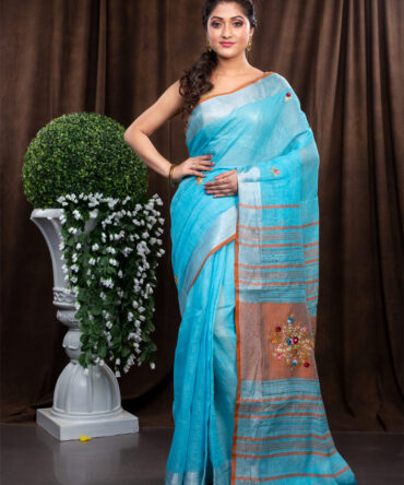 Sky Blue With Highlighted Embroidered Linen Saree