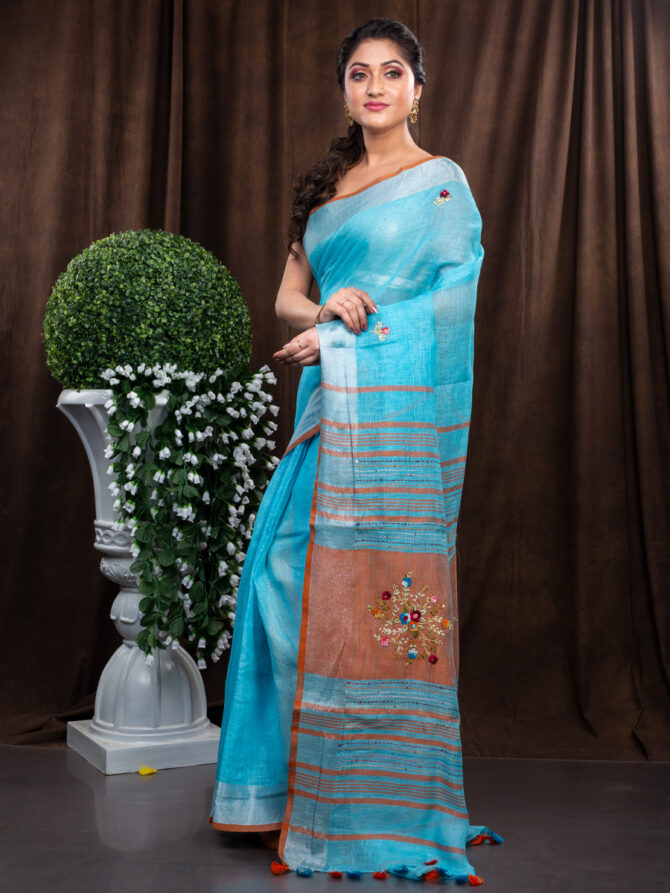 Sky Blue With Highlighted Embroidered Linen Saree