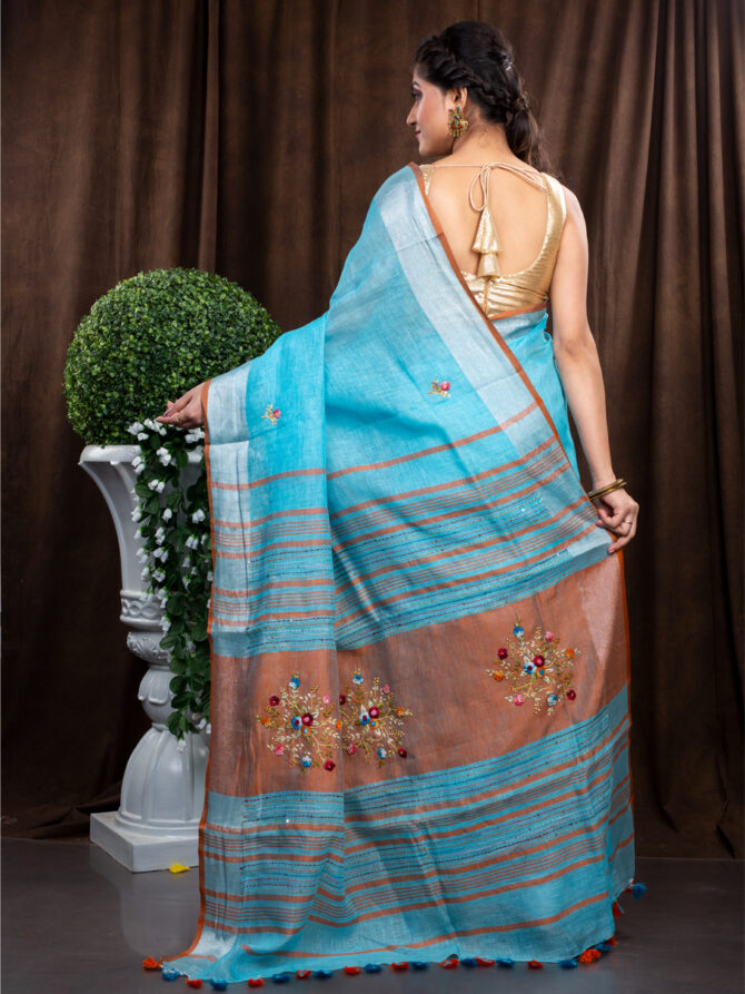 Sky Blue With Highlighted Embroidered Linen Saree