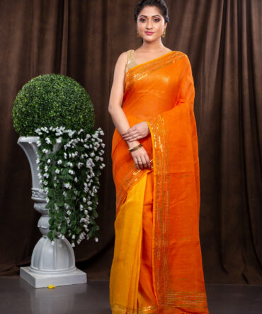 Orange Juicy With Magic Of Gold Embroidered Linen Saree