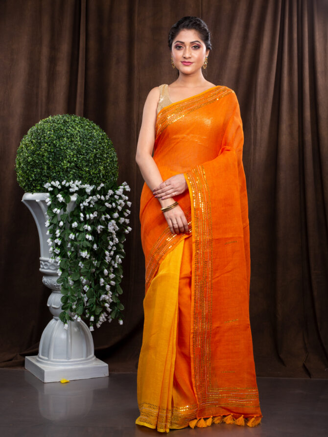 Orange Juicy With Magic Of Gold Embroidered Linen Saree
