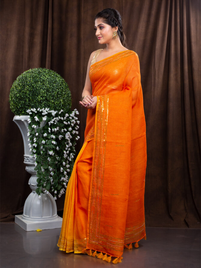 Orange Juicy With Magic Of Gold Embroidered Linen Saree