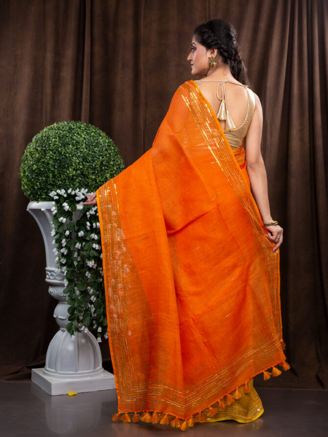 Orange Juicy With Magic Of Gold Embroidered Linen Saree