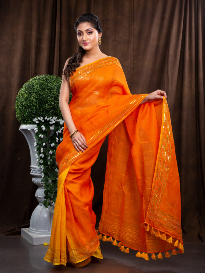 Orange Juicy With Magic Of Gold Embroidered Linen Saree