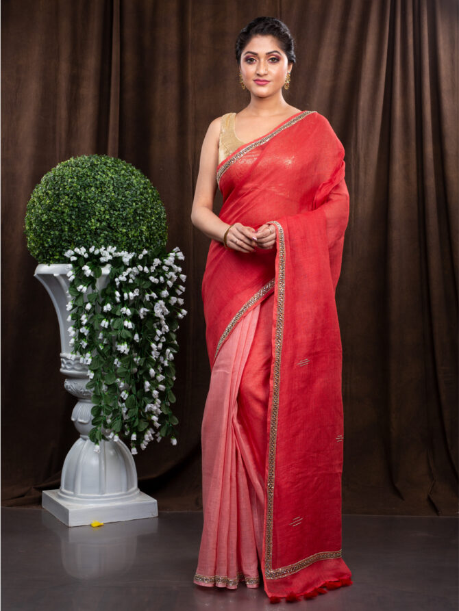 Red Hot Chilly Special Embroidered Linen Saree