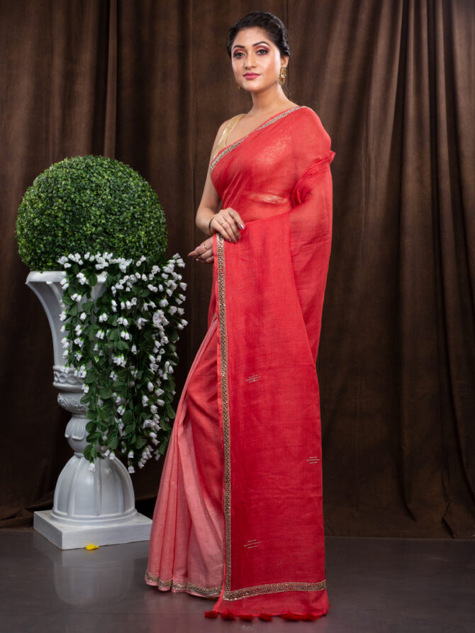 Red Hot Chilly Special Embroidered Linen Saree