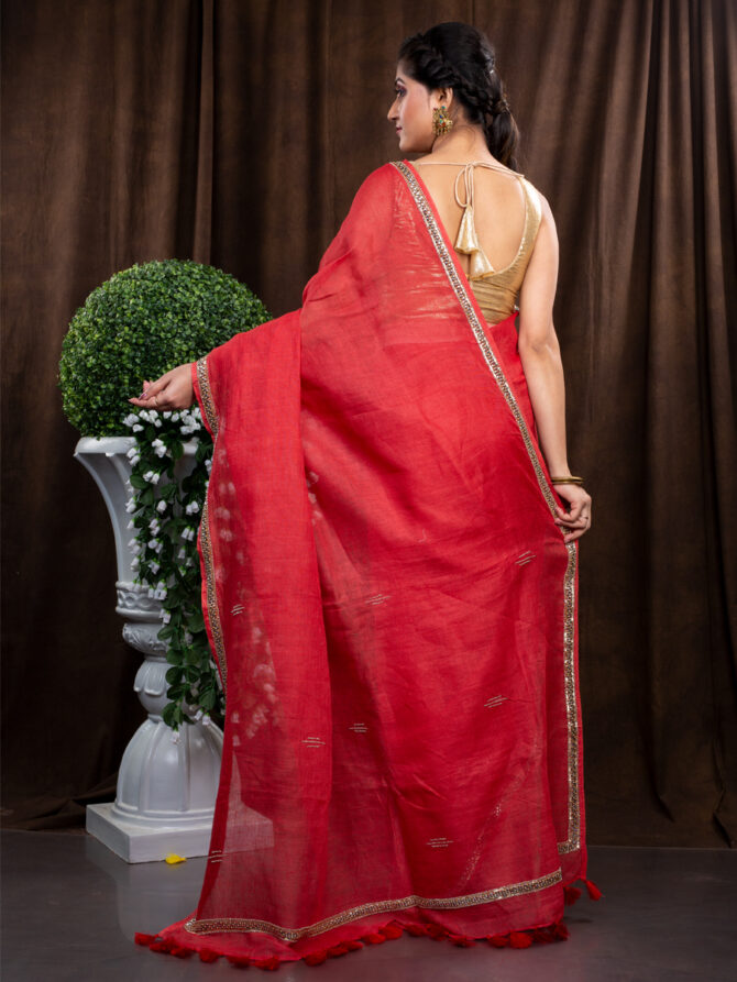 Red Hot Chilly Special Embroidered Linen Saree