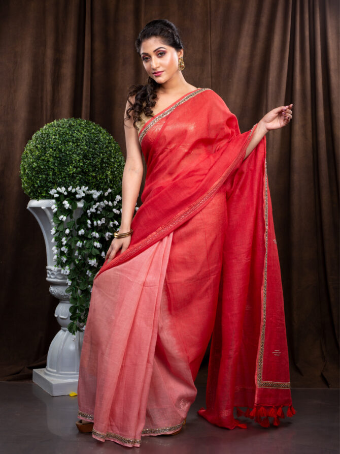 Red Hot Chilly Special Embroidered Linen Saree