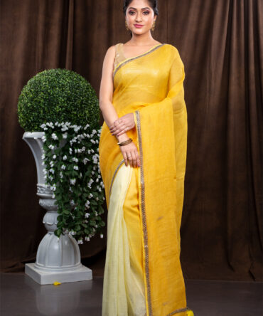 Pure Yellow With Golden Highlighting Embroidered Linen Saree
