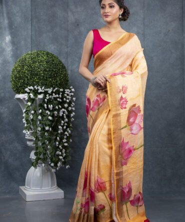 Yellow With Red Flower Floral Special Saree