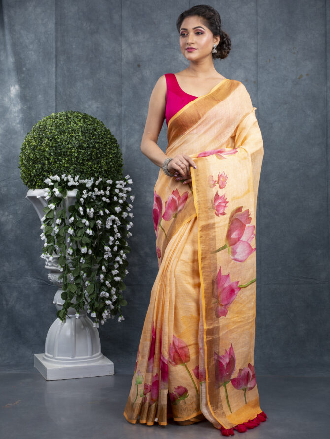 Yellow With Red Flower Floral Special Saree