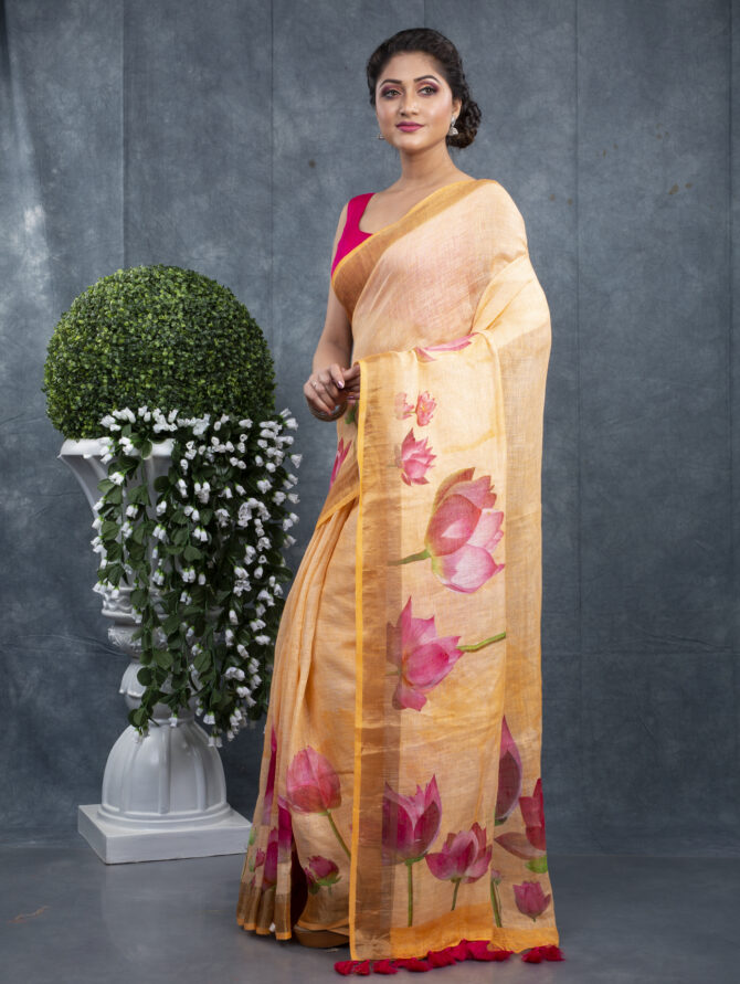 Yellow With Red Flower Floral Special Saree