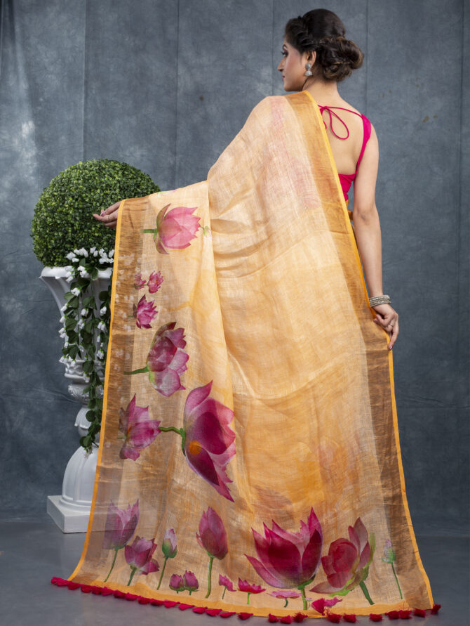 Yellow With Red Flower Floral Special Saree