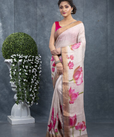 White Highlighted With Pink A Finest Floral Saree