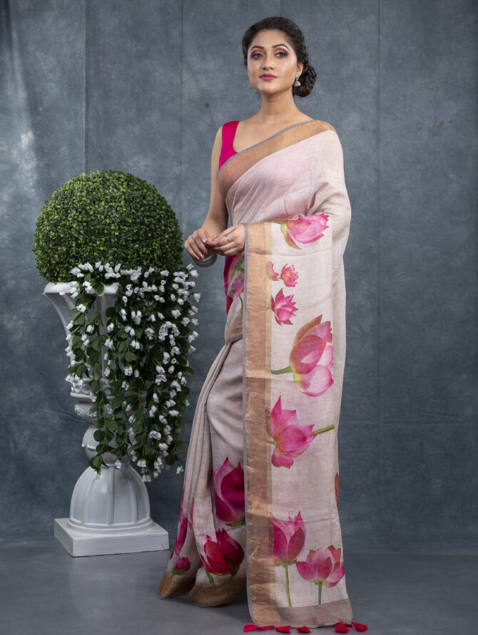 White Highlighted With Pink A Finest Floral Saree