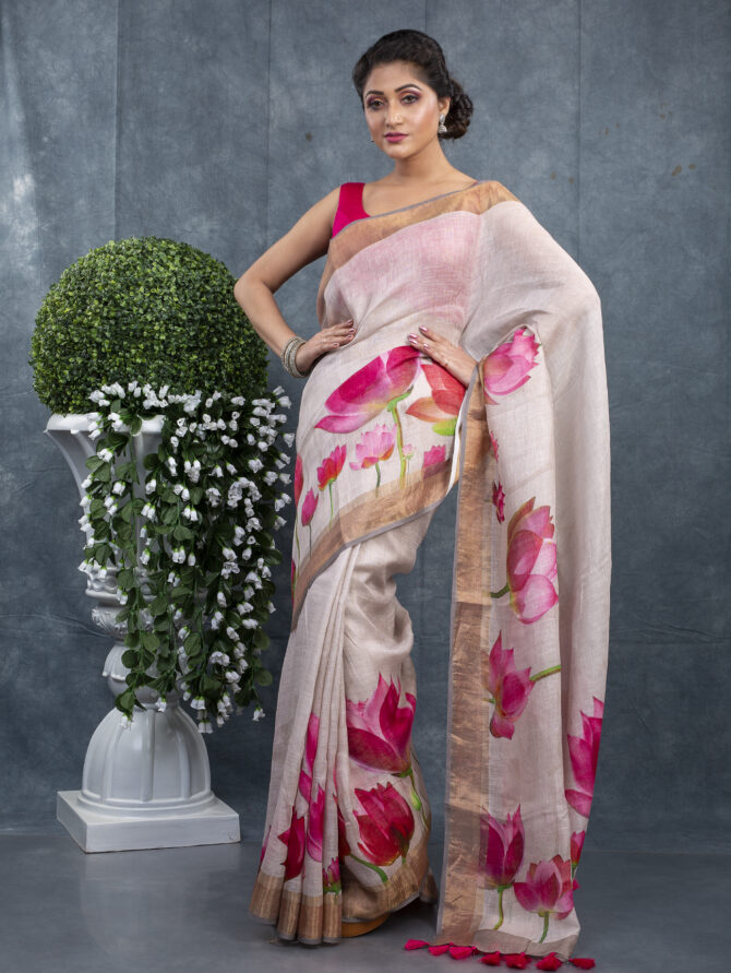 White Highlighted With Pink A Finest Floral Saree